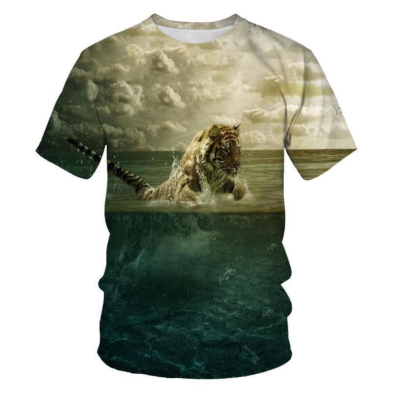 Tiger 3D Harajuku Print Summer Fashion Popular Casual Men's Street Hip-Hop Crewneck Short Sleeve T-shirt Oversized Loose Top New