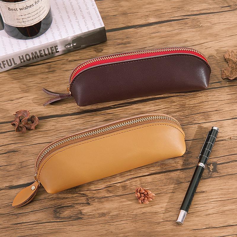 Vintage Leather Pencil Bag Simple Stationery Hoder Pen Case Storage Bag Zipper Pencil Pouch Glasses Box School Supplies
