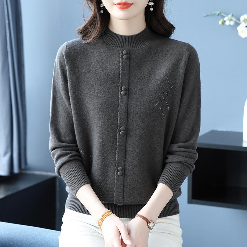 Petite Women's Autumn Winter Pure Wool Knit Sweater - Half-High Neck Base Layer for Middle-aged Moms