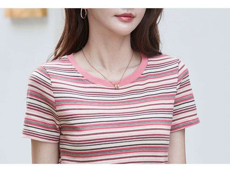 Women's Striped Short-Sleeve Round Neck Loose T-Shirt, Casual Color Block Plus Size, Japanese & Korean Style