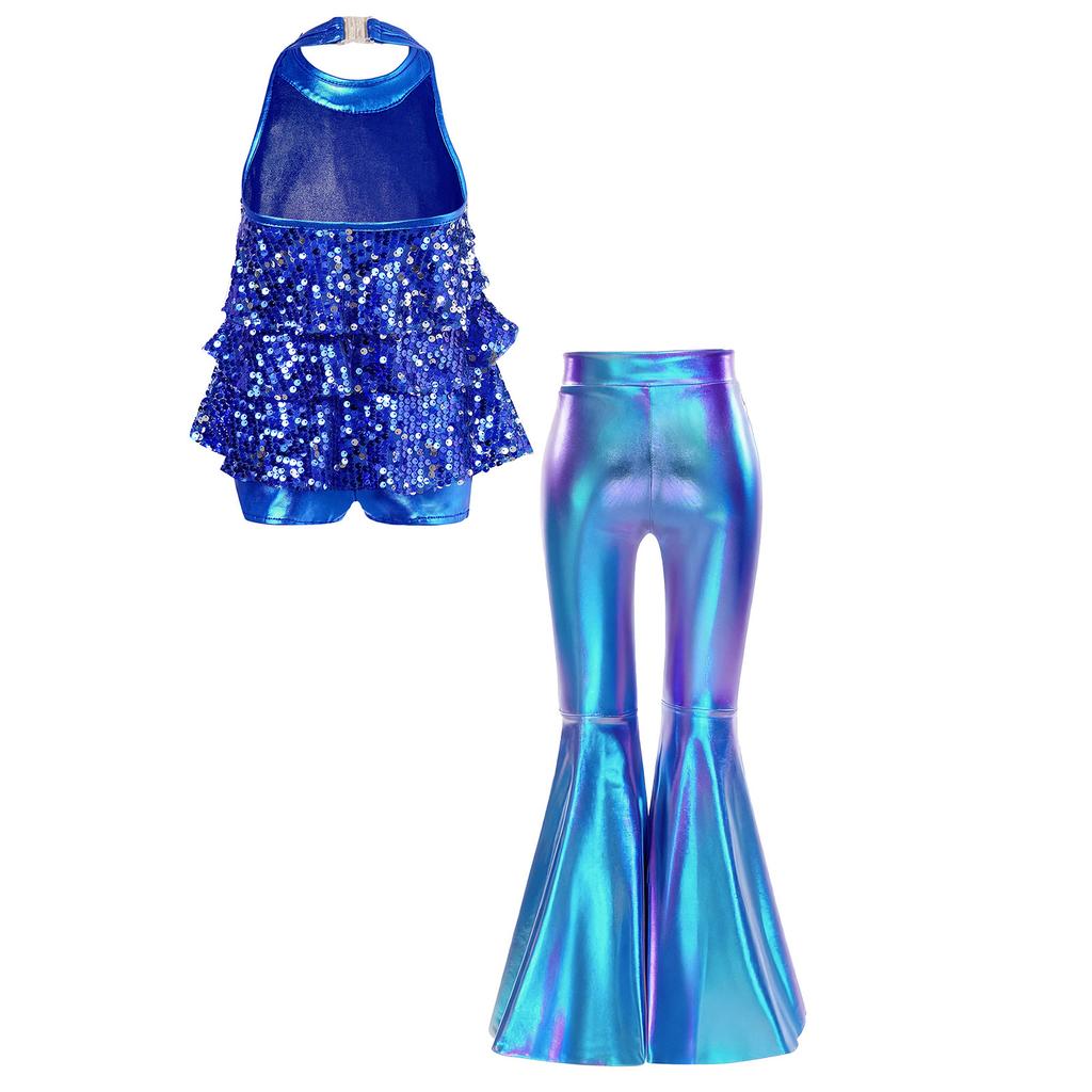 Children‘s Shiny Sequins Halter Neck Backless Jazz Dance Bodysuit and Split Flare Metallic Pants for Competition Recital