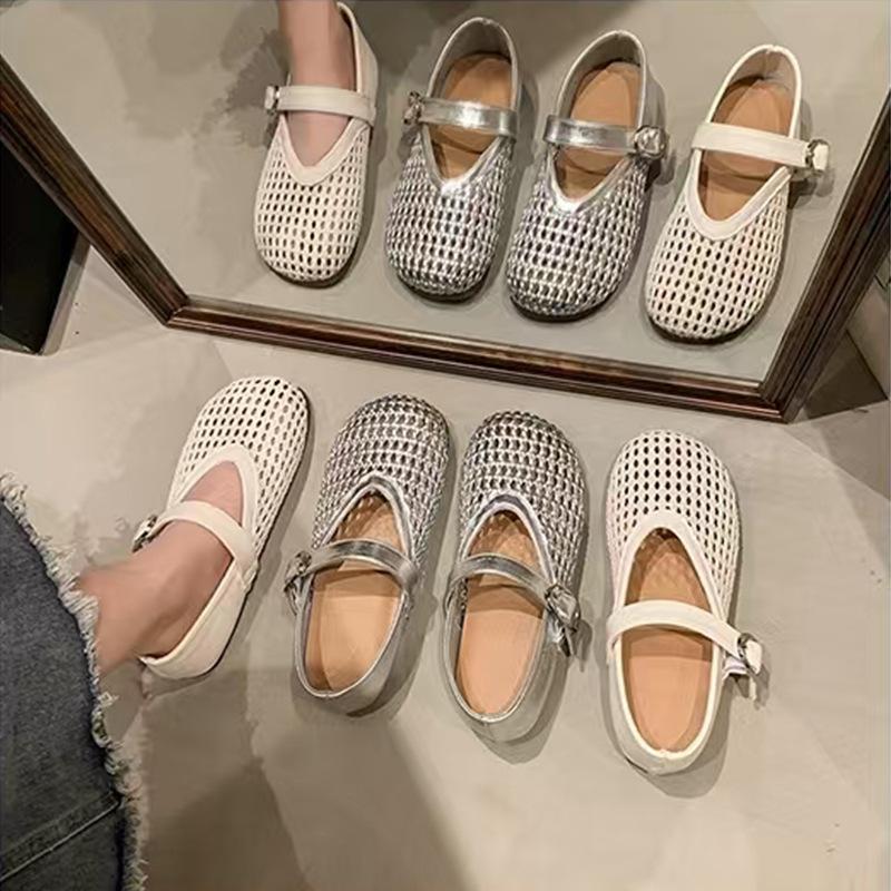 Mary Jane Single Shoes Women's Shoes 2025 Summer New Flat-soled Soft-soled Mesh Hollow Shoes Woven Fishing Net Shoes Sandals