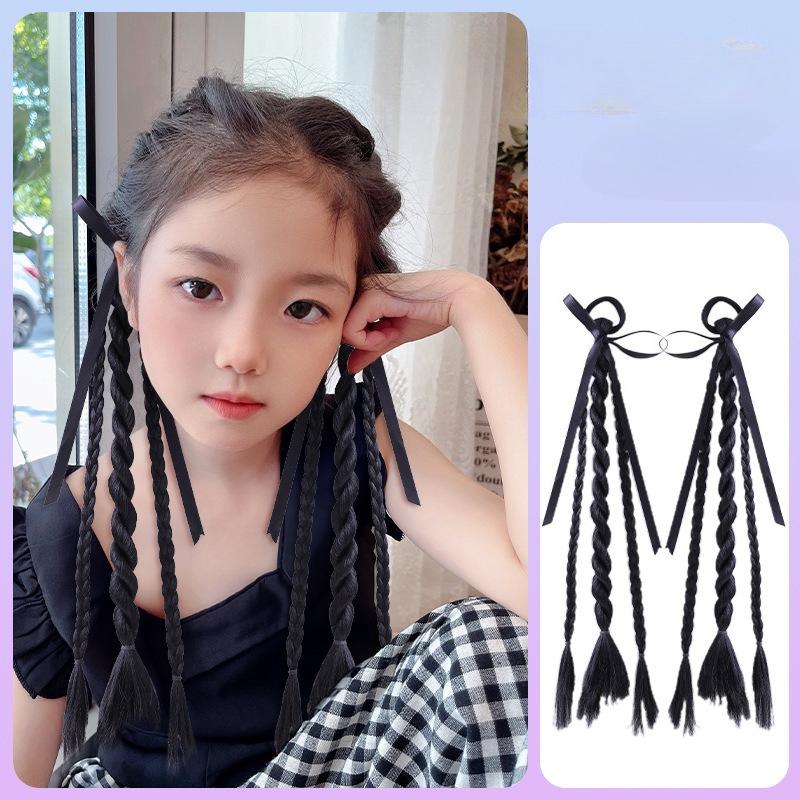 2 Pcs Korean Style Hair Ties for Kids Girls Ponytails Wig Braids with Edgy Bows Children Twist Braids Elastic Hair Accessories
