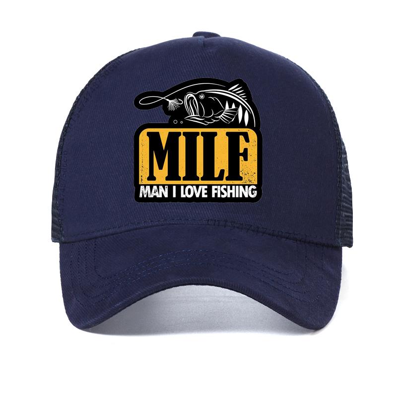 

Funny MILF Man I Love Fishing printing hat Men Women Adjustable Fishing Snapback hat Leisure outdoors Mesh Breathable hats Adjustable темно-синього кольору
