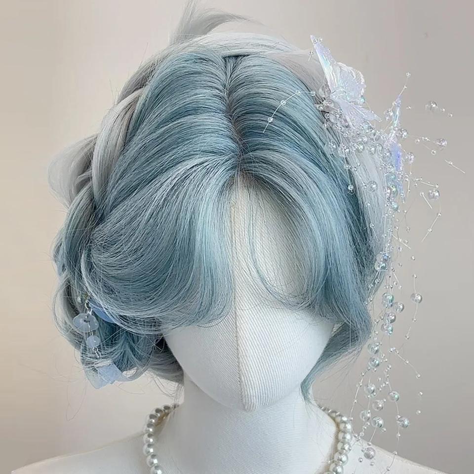 WTB Perucă sintetică feminină Glacier Blue Gradient Gri deschis Păr lung Lolita țesut manual din dantelă lână păr lung creț Cos Party Perucă