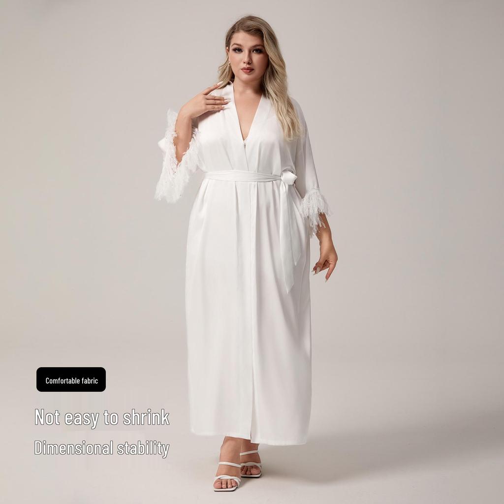 Yaoting Plus Size Satin Chiffon Feather Long Robe Pajamas WP5013