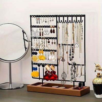 1pc 5 Tier Jewellery Rack, Earring Rack, Earring Rack with Wooden Tray, Jewellery Organiser for Earrings, Necklaces, Bracelets, Watches and Rings