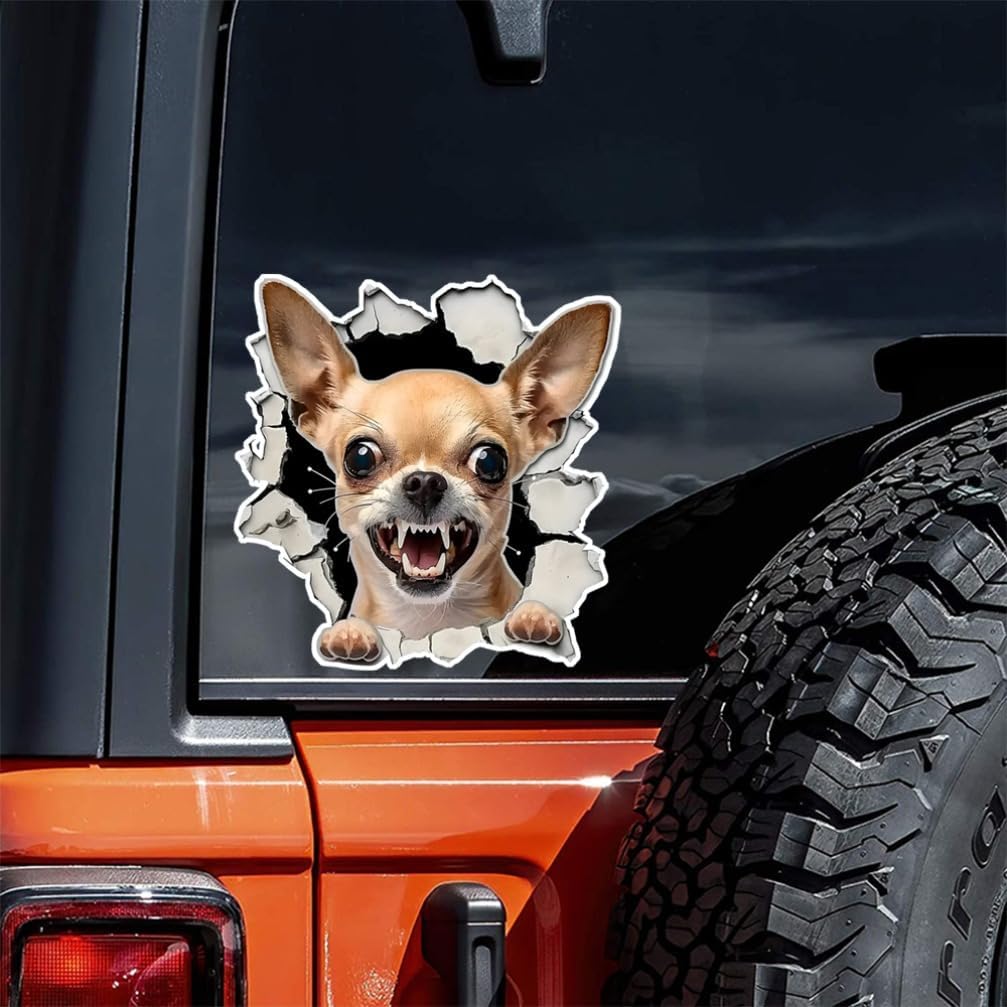 2pcs Chihuahua 3D-Effect Breaking The Wall Car Sticker, 5.12  x5.12   Waterproof Vinyl Material Accessories, Used for Cars, Trucks, Motorcycles,