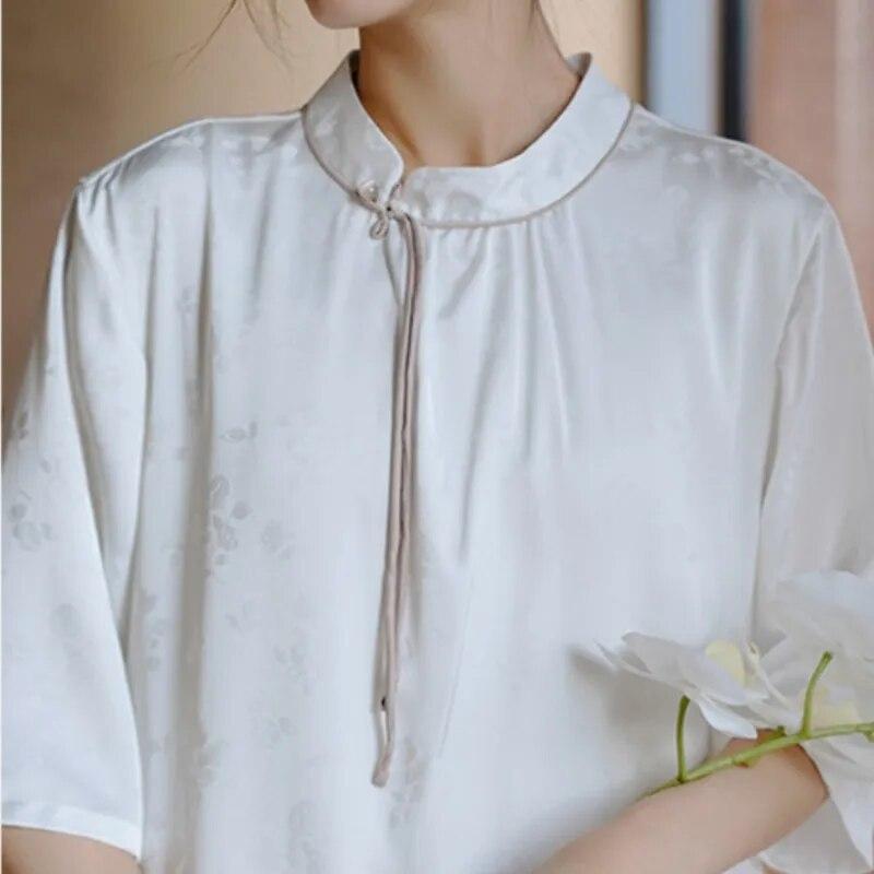 Johnature Women Vintage Stand Dresses Half Sleeve Jacquard Chinese Style Spring Summer A-Line Dress