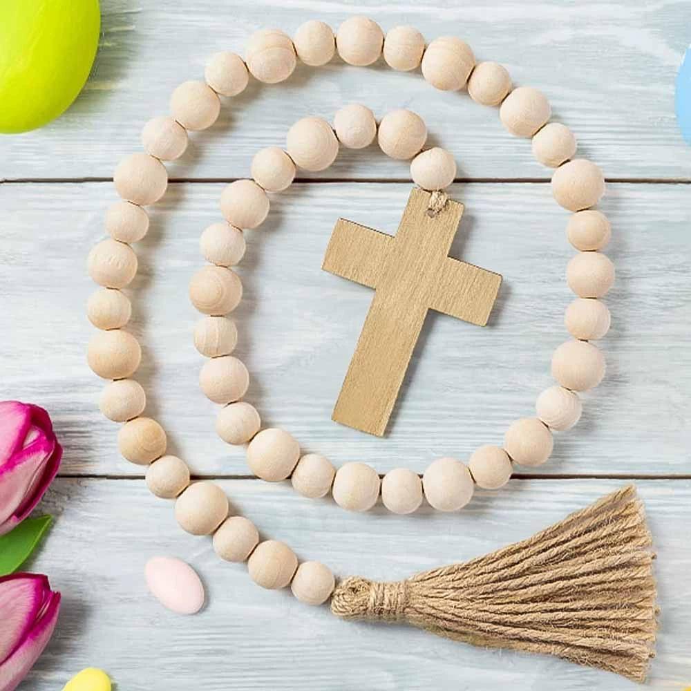 Easter Wooden Beaded Garland with Tassels and Cross Pendant Lightweight Linen Rope String Decoration for Wall Door Shelf