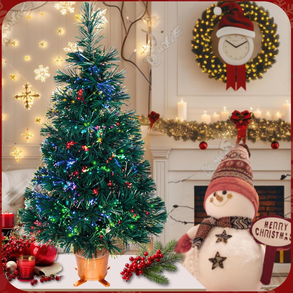 24 Inch Green Pre-lit Mini Fiber Optic Tabletop Artificial Christmas Tree with LED Lights Gold Base Xmas Table Top Tree