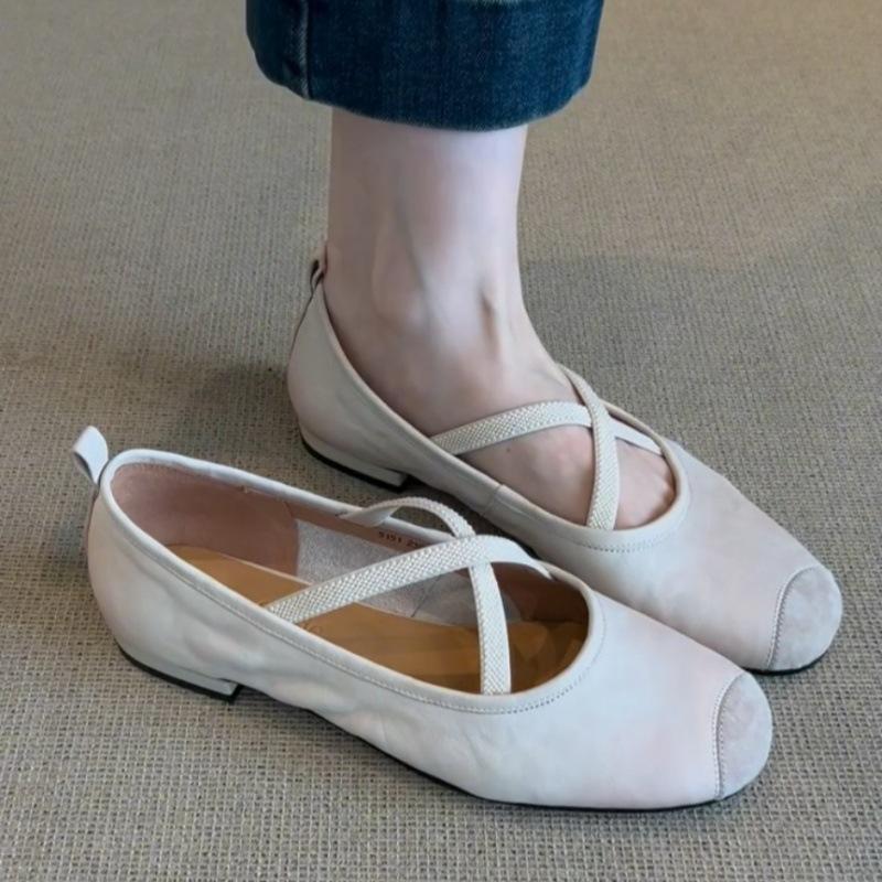 Super soft small soft leather~ Cross-strap Mary Jane shoes 2025 spring new soft-soled single shoes women's shallow mouth ballet shoes