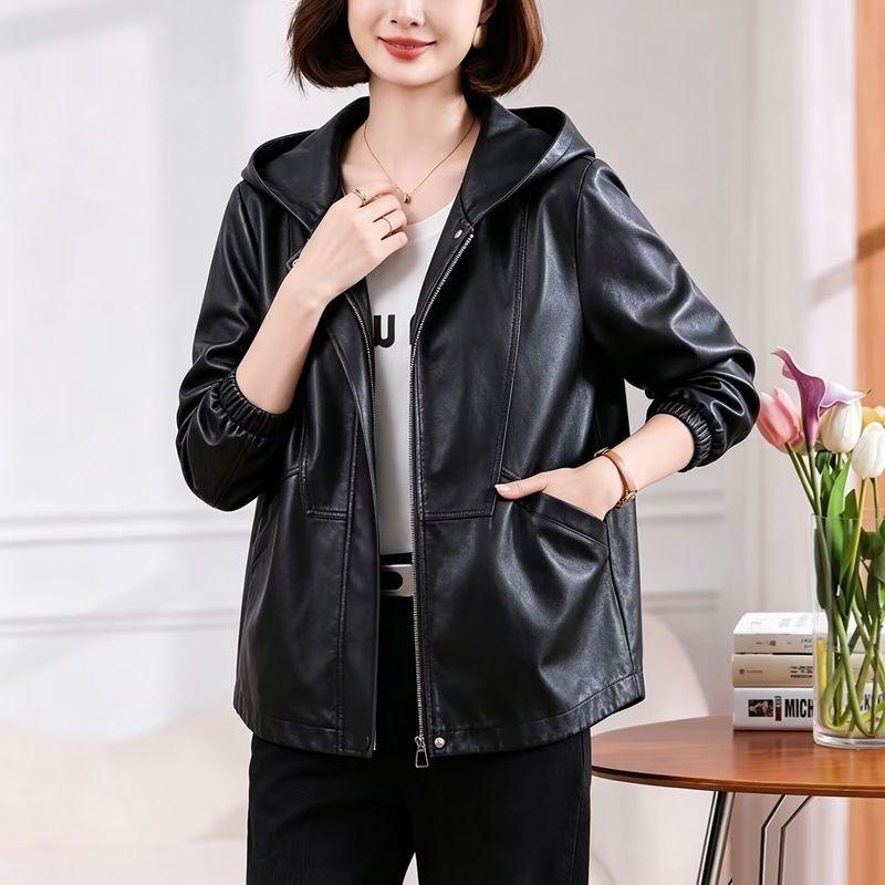 Women's Black Hooded Faux Leather Jacket Loose Fit Long Sleeve Casual Short Outerwear