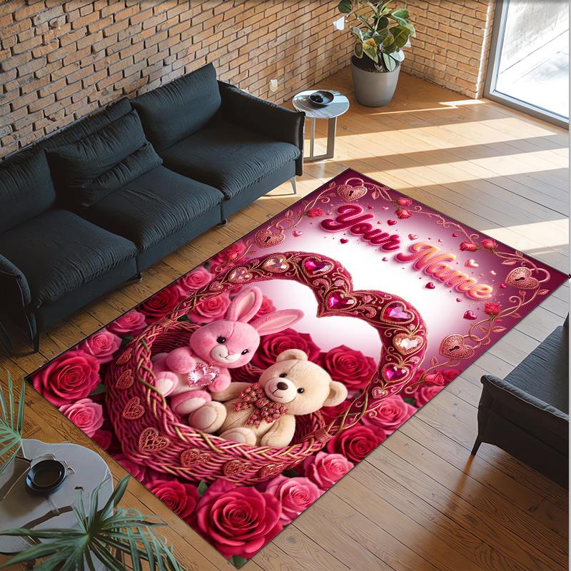 Valentine Love Theme Crystal Velvet Rug Personalized Custom Name Text Soft Floor Mat Home Decor