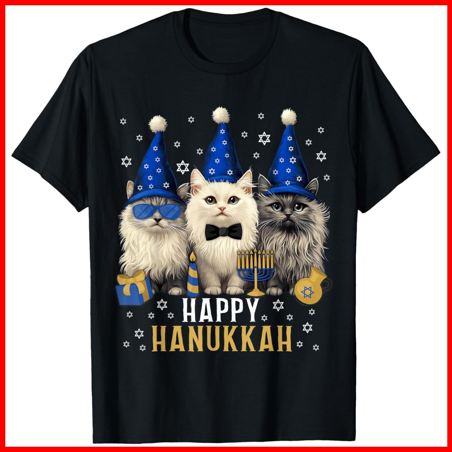 Happy Hanukcat Jewish Holiday Funny Hanukkah Cat Lover Black Cotton T-Shirt M