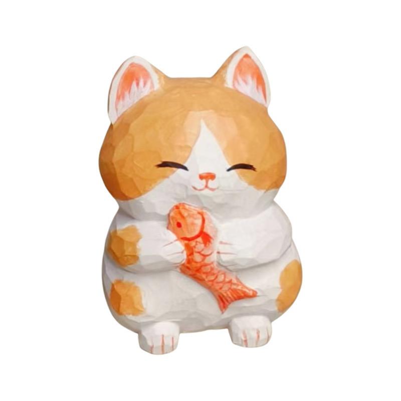 Wooden Lucky Cat Craft Decor With Cute Design For Home Office And Car Interior