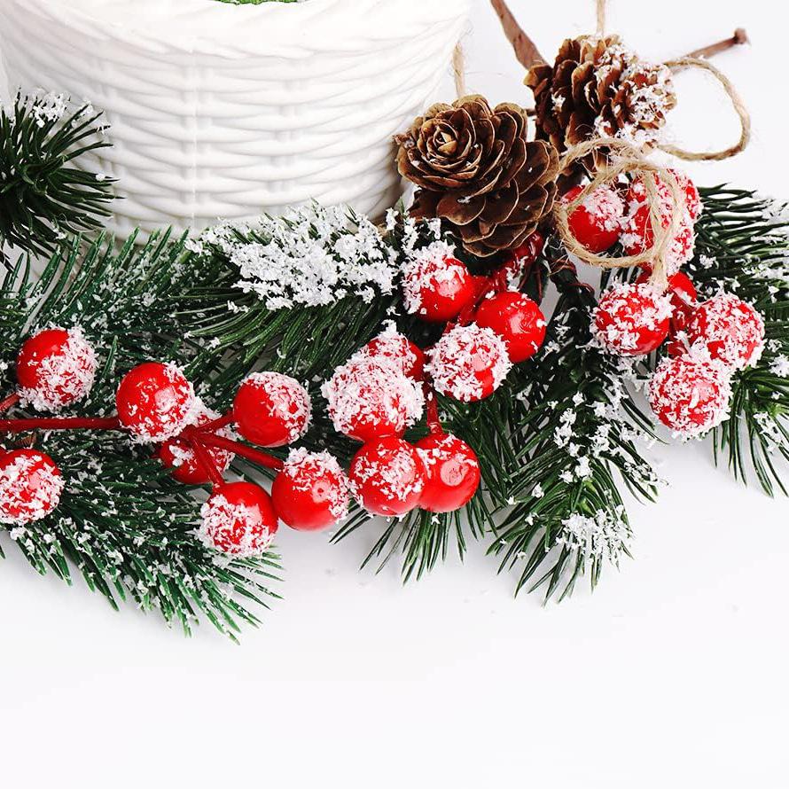 5pcs Christmas Accessories Red Berry Bouquet Christmas Decoration Snowflake Hemp Rope Pine Pinecone Berry Branches