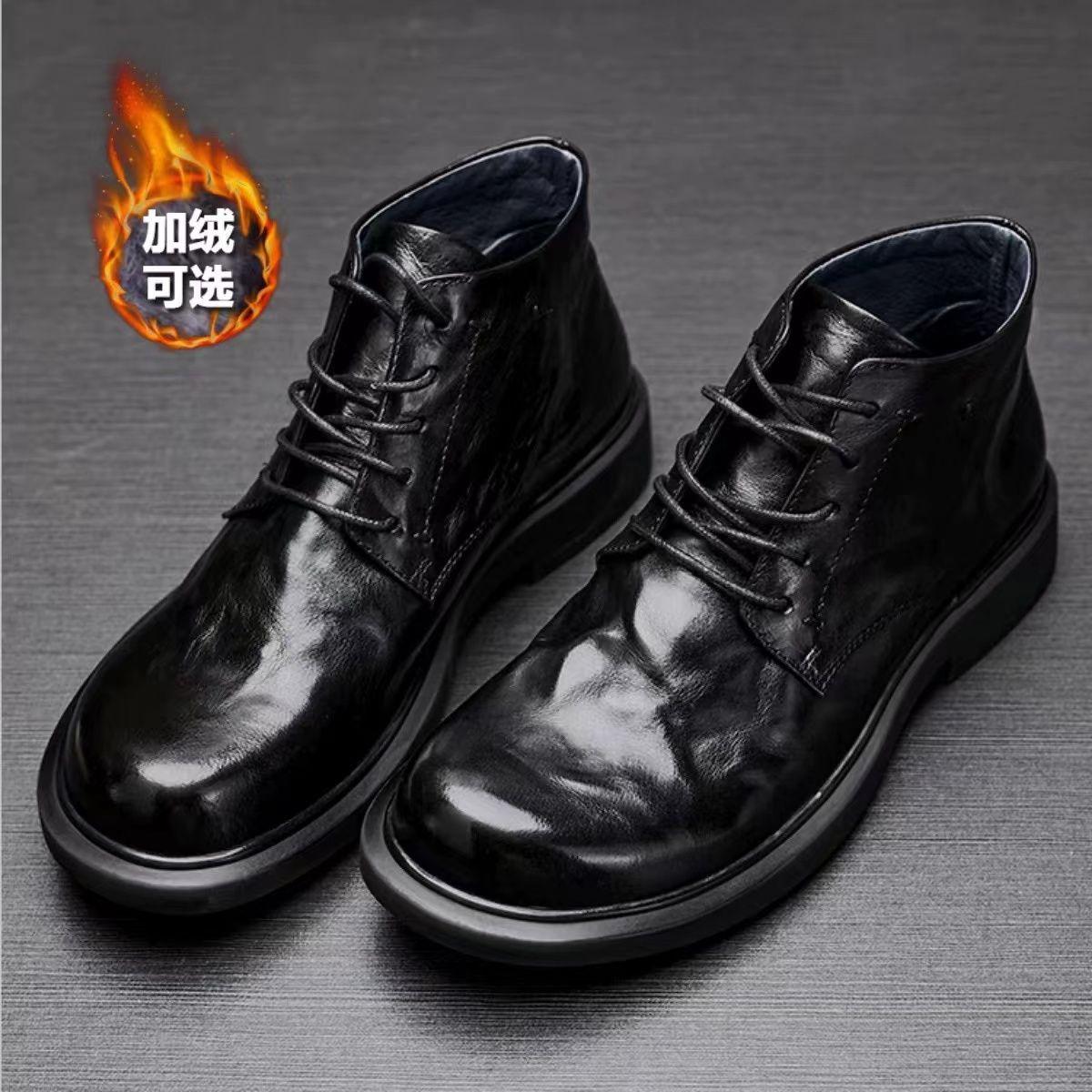 Мужская обувь 2026 с плюшем из высококачественной воловьей кожи мужские ботинки мужские кожаные повседневные высокие кожаные ботинки короткие ботинки с круглым носком мягкие 38 5270₽