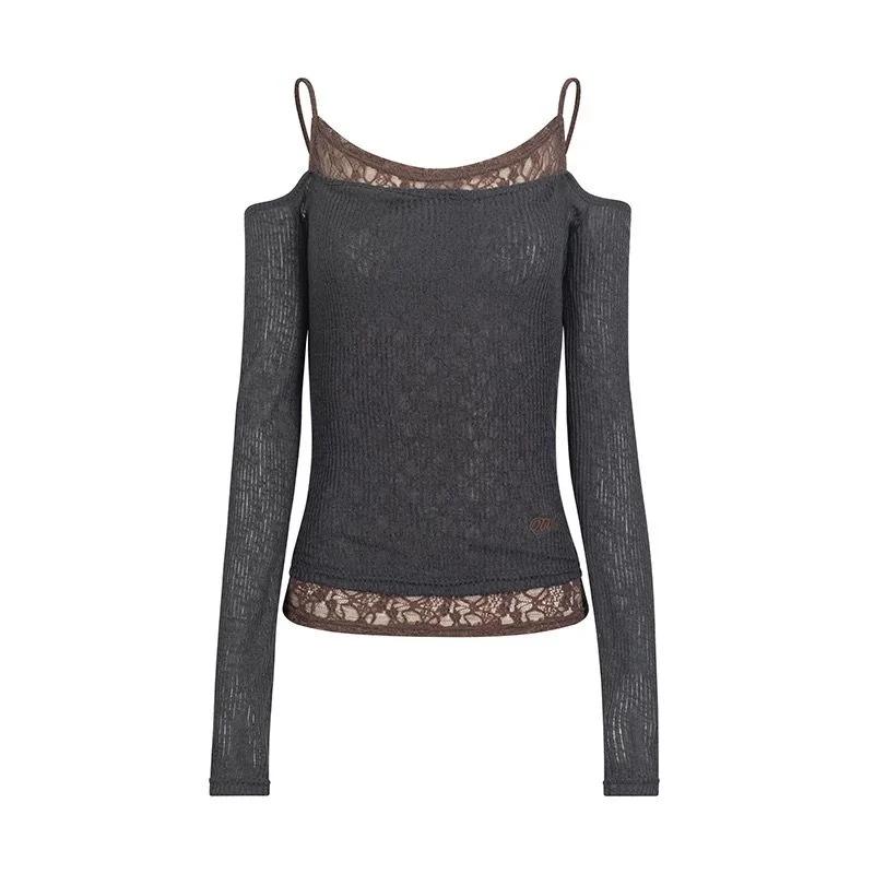 Long Sleeve New Style Lace Splicing Tight Sweet Spicy Pure Desire Big Neckline Vertical Pattern