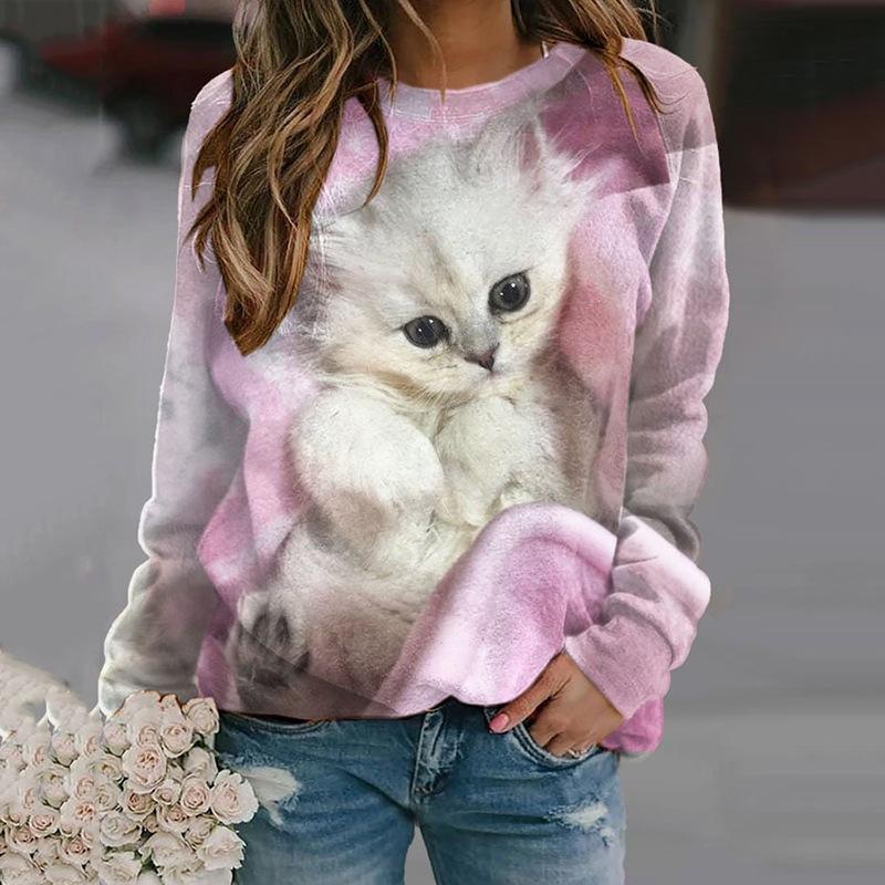 Höst 3D Katt Tryckta Sweatshirts Trendiga Casual Sport Långärmade Dam Sweatshirts