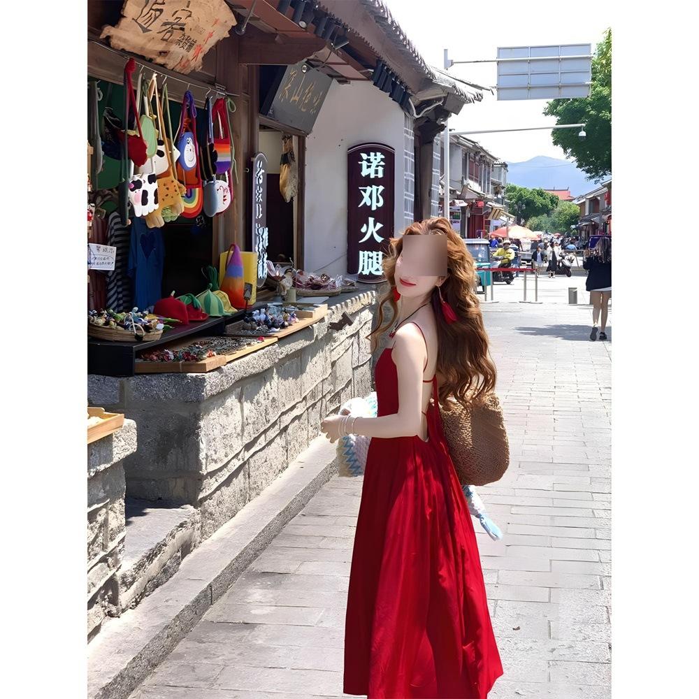 Red Suspender Dress Femininity Backless Suitable for Seaside Vacation Skirt