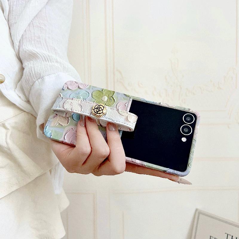 Embossed Watercolor Flower Samsung Z Flip6/5/7 Case with Anti-Lost Wrist Strap
