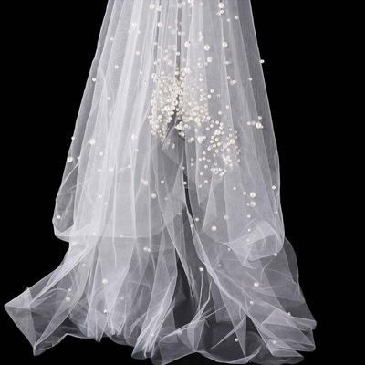 130cm Pearls Tulle Bridal Veil Pearls Without Comb Long Wedding Veil Face-Covered White Bead Wedding Veil Wedding Dress