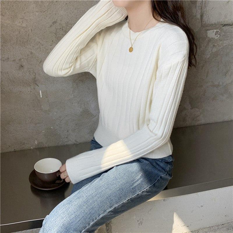 Maglione pullover lavorato a maglia retrò autunnale da donna, scollo a V, manica lunga, strisce verticali, fondo lavorato a maglia, esterno largo, colore solido
