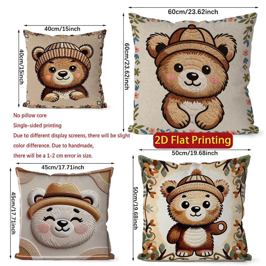2D Cute Bear-Patterned Throw Pillow Covers Pattern Cushion Cover Suitable For Sofa Bedroom Car Pillow Cover