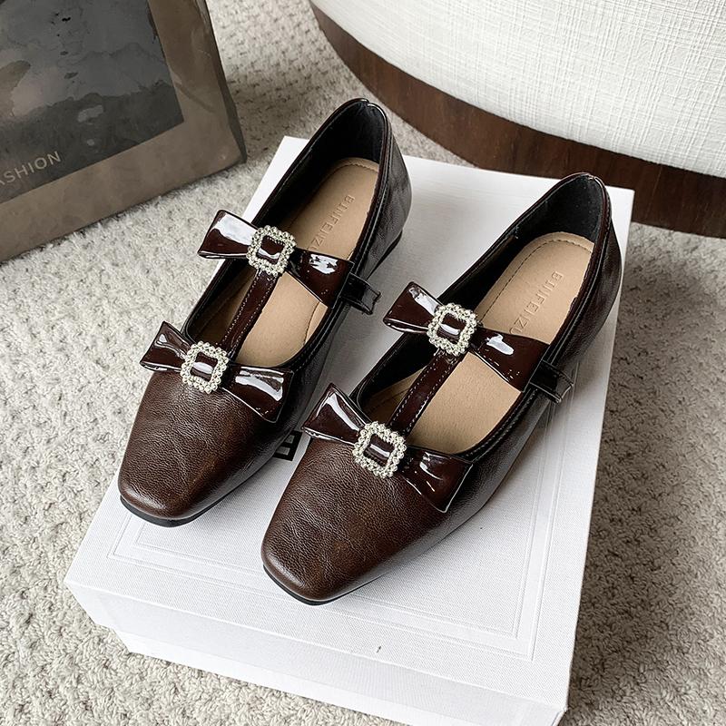 Fashion Flat Shoes Spring New Square Head Shallow Mouth Crystal Buckle Butterfly Knot Set Foot Soft Sole Non-slip Single Shoes
