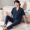 Pajamas Men's Summer Cotton Short Sleeve Trousers Thin Summer Men's Large Size Summer Cardigan Loungewear Set