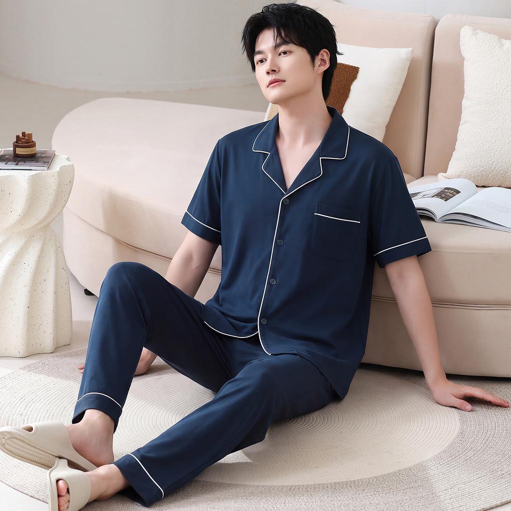 Pajamas Men's Summer Cotton Short Sleeve Trousers Thin Summer Men's Large Size Summer Cardigan Loungewear Set