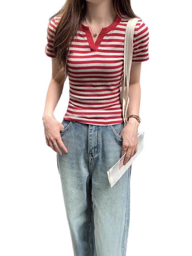 Spicy Girl Striped Color Block Short Sleeve T-shirt, Summer 2026 Women's Slimming Versatile Top