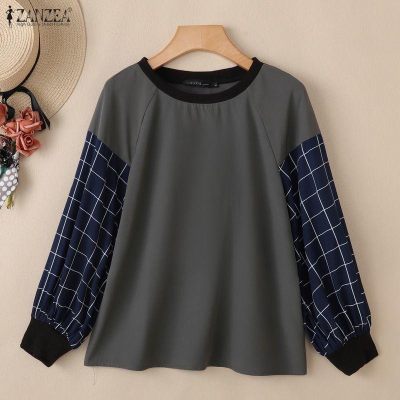 ZANZEA Bluză largă casual de damă cu gât rotund, mâneci bufante și imprimeu grilă îmbinat