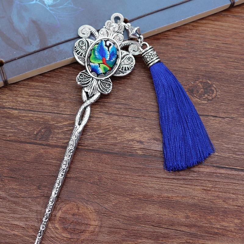 Vintage embroidery earrings hairpin classical temperament Miao peacock flower fringed earrings hair accessories set women
