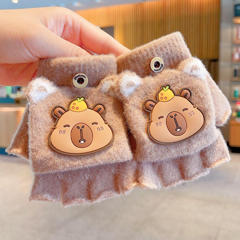 New 6-10 Years Old Half Finger Gloves Thickened Cute Capybara Winter Flip Gloves Elastic Warm Writing Gloves Outdoor