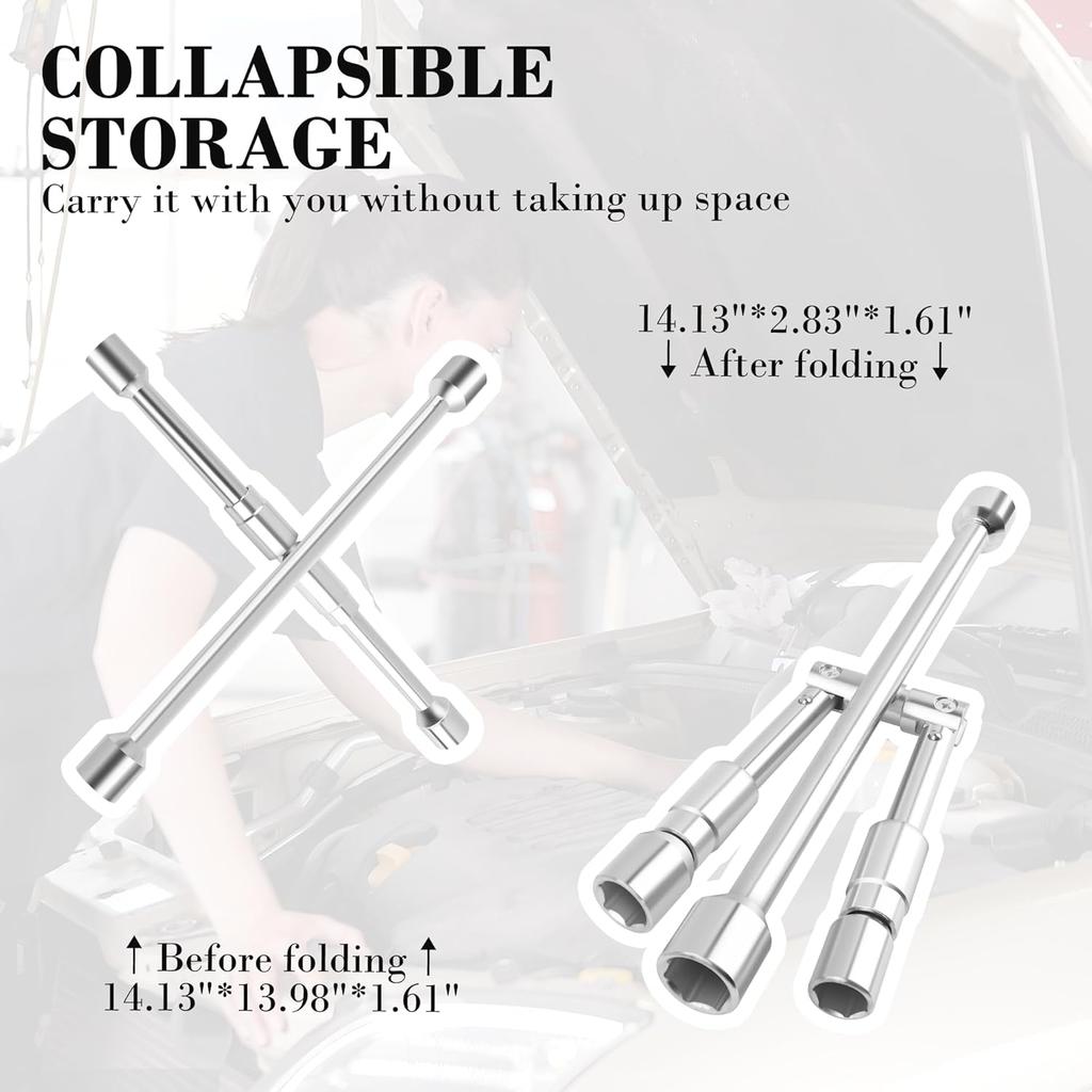 14-Inch Foldable 4 Way Lug Wrench(17,19,21,23mm),Cross Lug Nut Removal Tool/Tire Changing Kit for Car Wheel Lug Nuts,Universal Labor-Saving Tire Iron