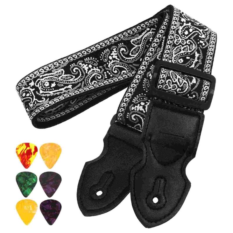 Adjustable Guitar Strap Soft Embroidery Shoulder Strap National Style Guitar Strap with 6 Picks Guitar Accessories