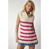 Women's Cream Black Zippered Collar Striped Sweater Mx00123