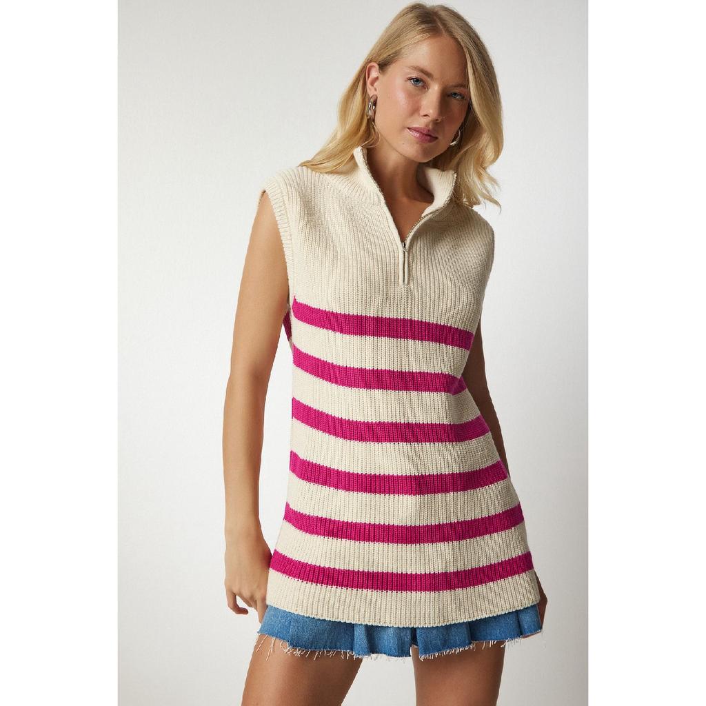 Women's Cream Black Zippered Collar Striped Sweater Mx00123