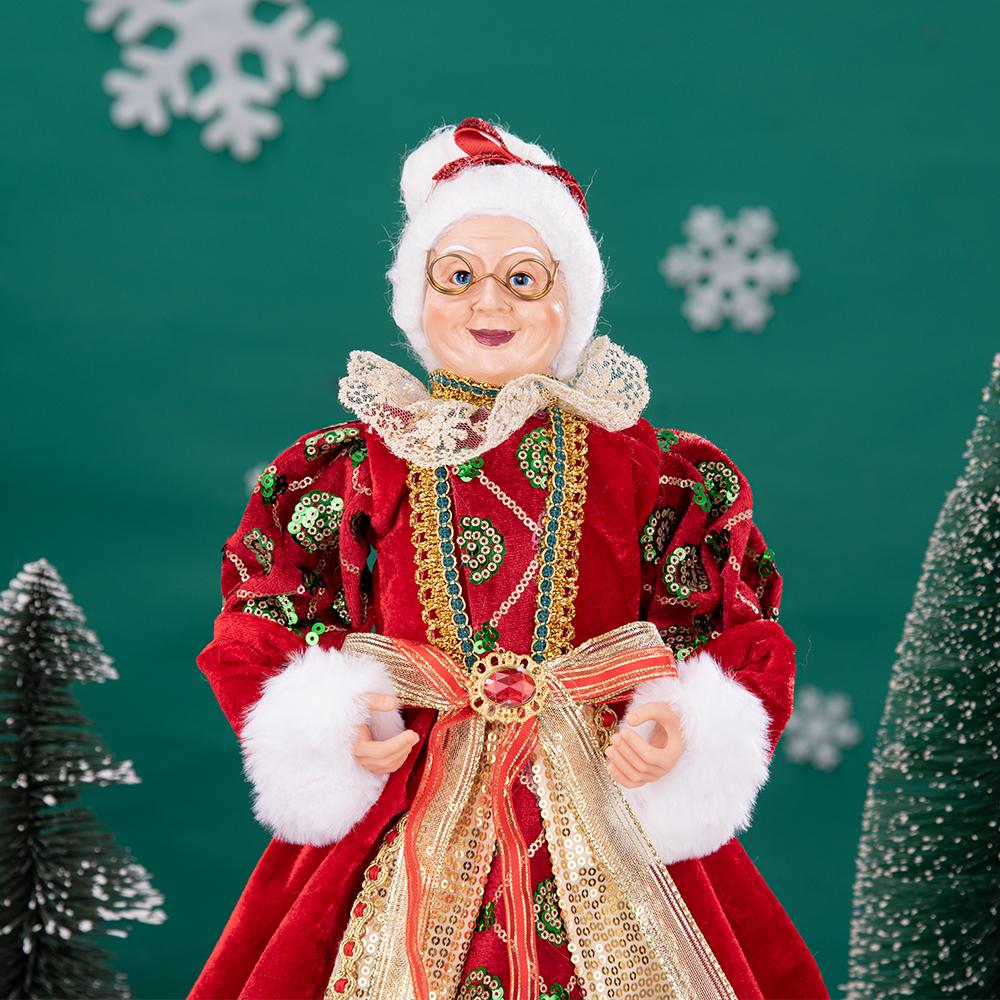 Figurka Pani Mikołajowej 45 cm w Luksusowej Aksamitnej Sukni, Ozdoba Świąteczna na Stół Babci z Płatkami Śniegu, Stojąca
