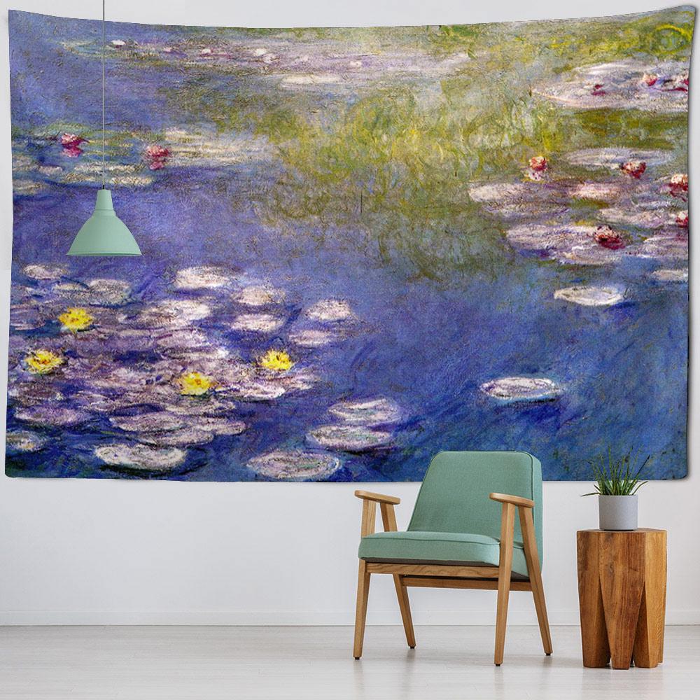 Retro oil painting, water lily print, tapestry, flower and plant wall hanging, home decoration, abstract aesthetic tapestry