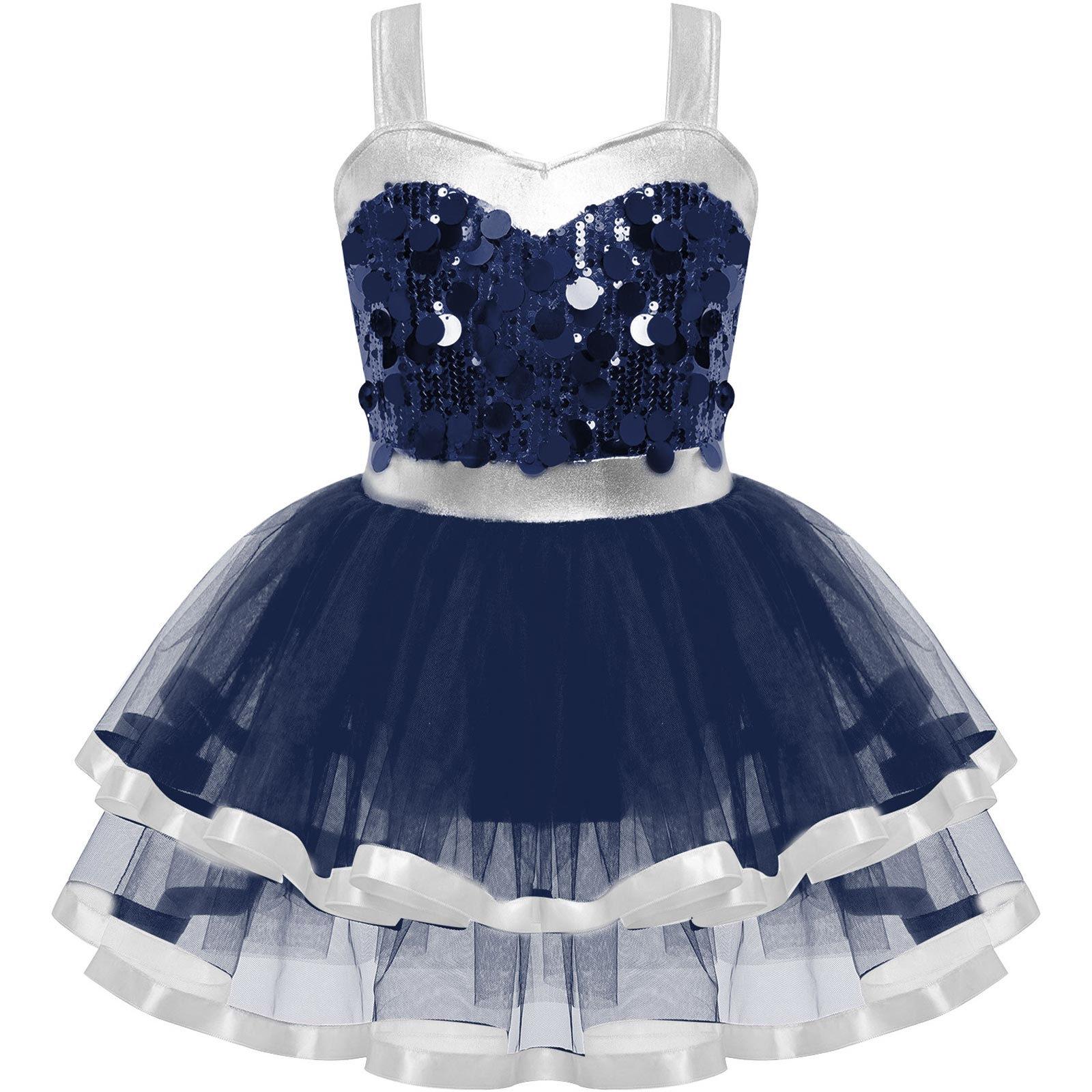 

Girls Dance Tutu Dress Sleeveless Color Block Sparkling Sequins Stage Performance Recital Costume