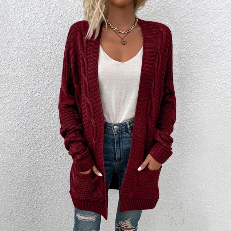 

Women Long Loose Cardigan Coat Solid Color Knitted Long Sleeve Medium Length XL винний