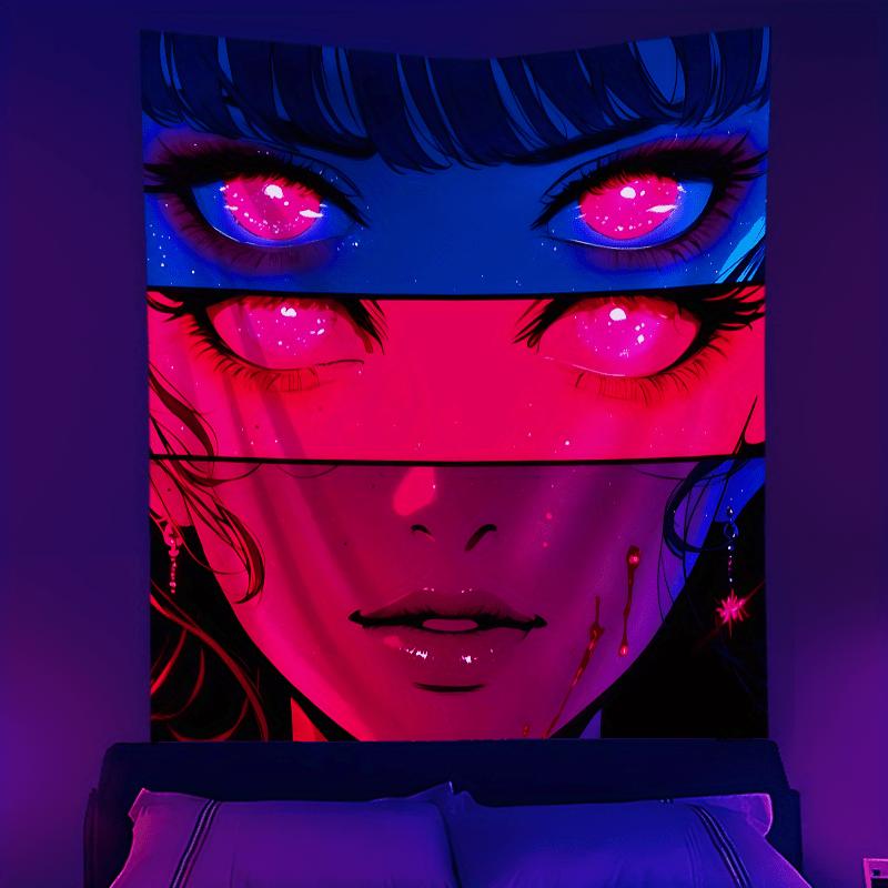 Neon Glitch Animeflicka Väggbonad  Livfull Väggbonad med Rosa Ögon för Sovrum och Vardagsrumsinredning Perfekt Gåva