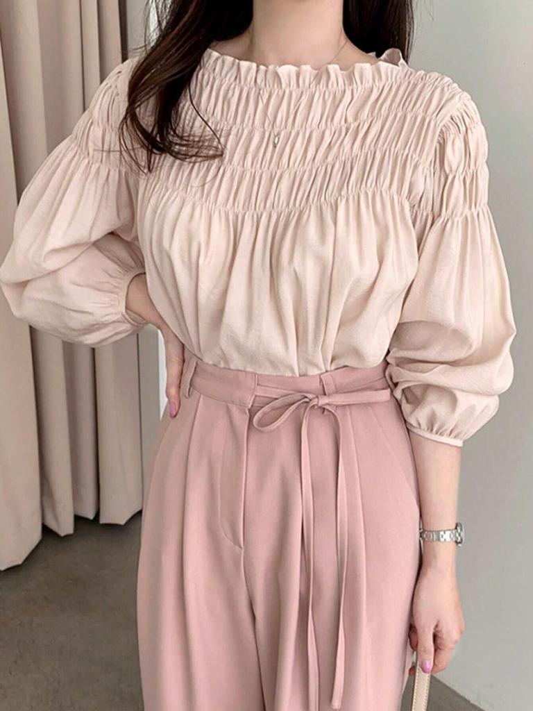 Camicetta da Donna in Chiffon con Pieghe, Maniche a Sbuffo e Scollo Tondo - Stile Giapponese & Coreano, Primavera/Autunno, Design Off-the-Shoulder
