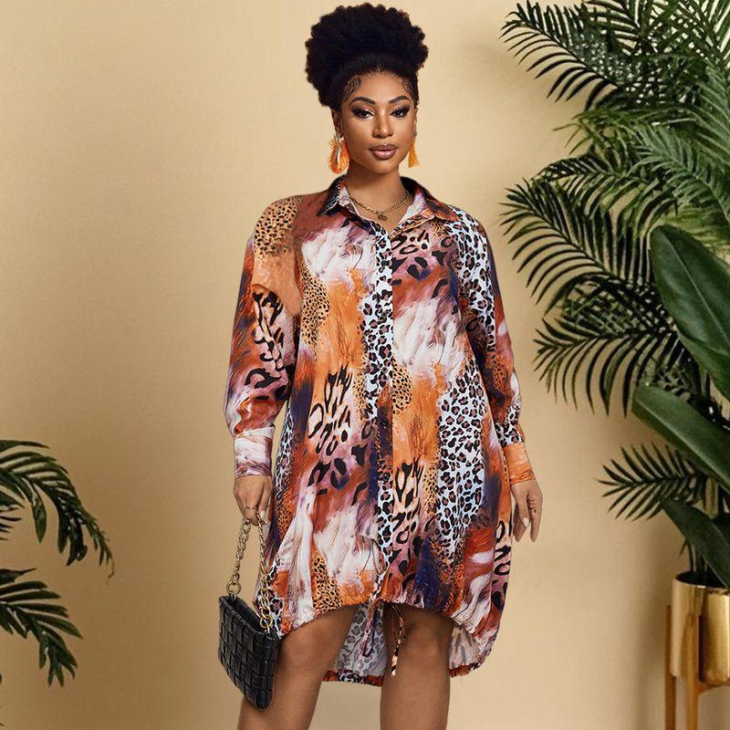 

Polo Collar Long Dress Leopard Print Print Blouse Collar Long Sleeves Plus Size Women s Clothing Fashion Dress Light brown XL