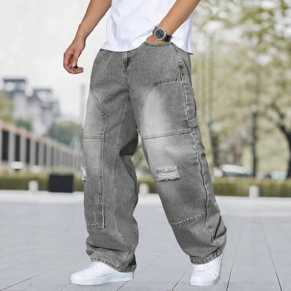 American Ripped Hip Hop Street Jeans Men's Summer Loose Wide Leg Tooling Trousers