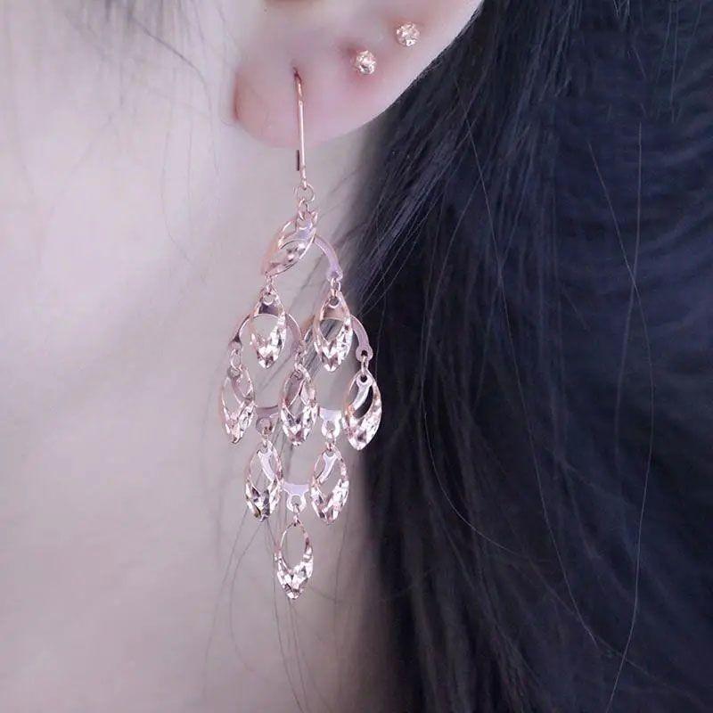 Purple Gold Fringed Long Earrings Temperament Rose Gold Plated Exaggerated Shiny Rhombus Earrings Jewelry