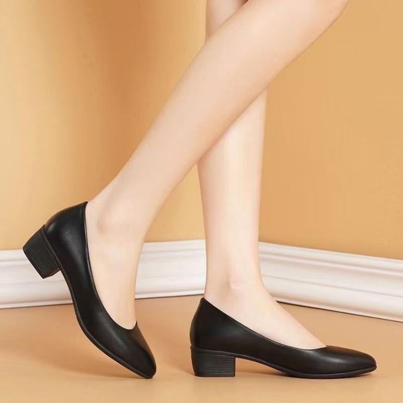 Damen Pumps mit niedrigem Absatz Schwarz Echtes Leder Formelle Schuhe Slipper Pendler Bequem Mittelhoch